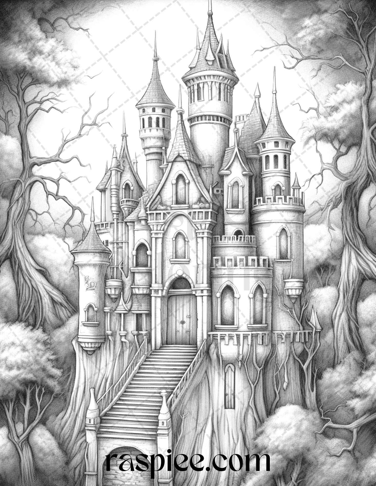 50 Haunted Castles Grayscale Coloring Pages Printable, Halloween Coloring Book, PDF File Instant Download
