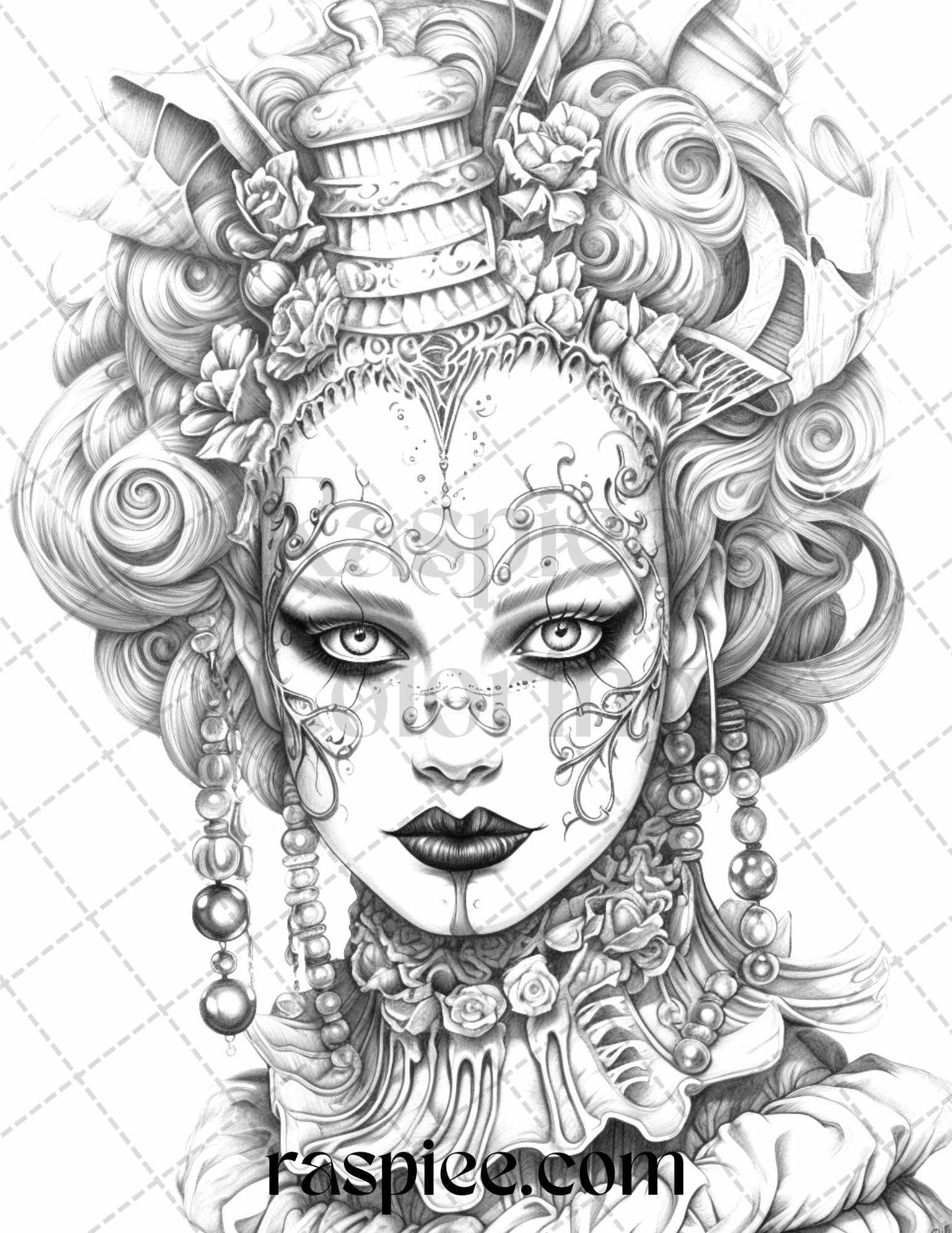 50 Scary Clown Girls Grayscale Coloring Pages Printable for Adults, PDF File Instant Download