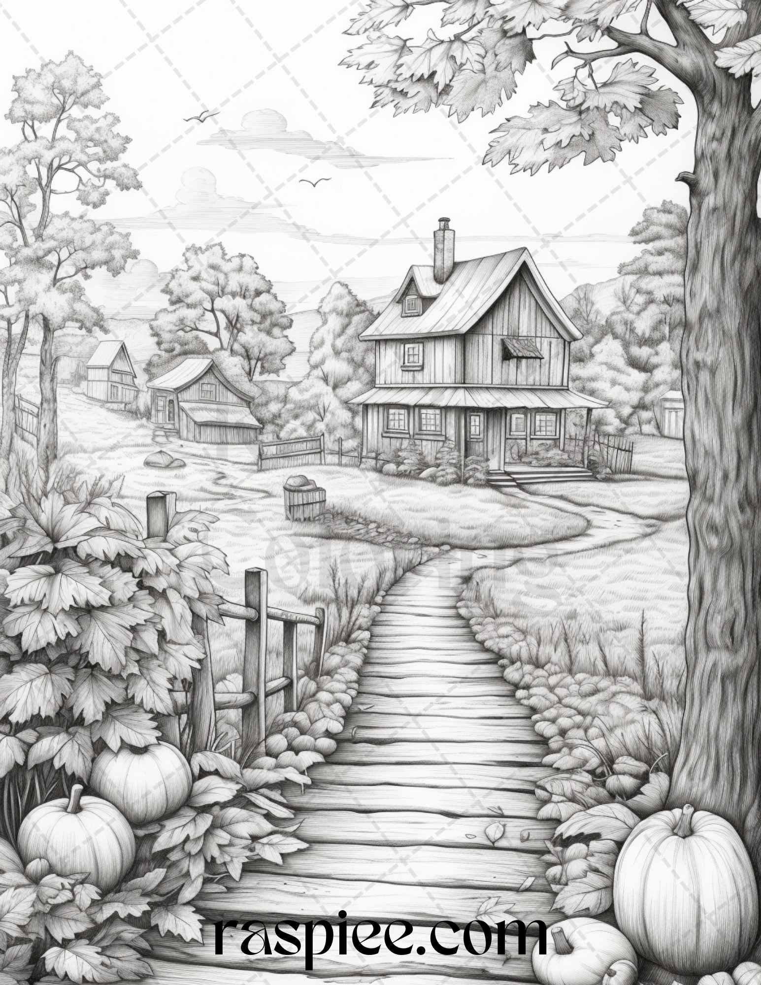 Autumn Scenery Grayscale Coloring Pages Printable for Adults, PDF File Instant Download
