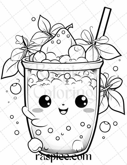 50 Cute Kawaii Boba Tea Grayscale Coloring Pages for Adults and Kids, Printable PDF File Instant Download