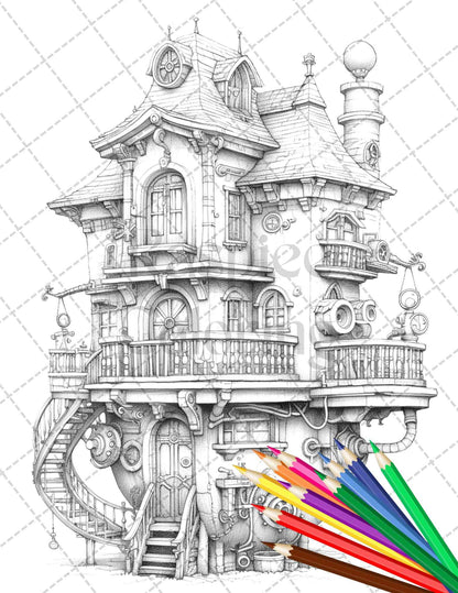 50 Steampunk Houses Grayscale Coloring Pages Printable for Adults, PDF File Instant Download