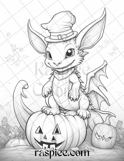50 Cute Pumpkin Dragons Graycale Coloring Pages for Adults and Kids, Printable PDF File Instant Download