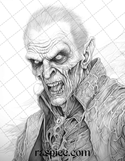 60 Halloween Vampire Grayscale Coloring Pages Printable for Adults, PDF File Instant Download