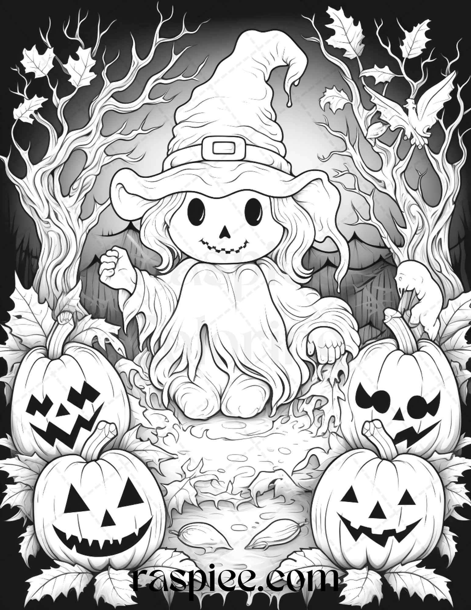 50 Halloween Cute Ghosts Grayscale Coloring Printable for Adults Kids, PDF File Instant Download