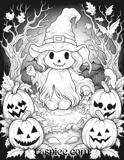 50 Halloween Cute Ghosts Grayscale Coloring Printable for Adults Kids, PDF File Instant Download