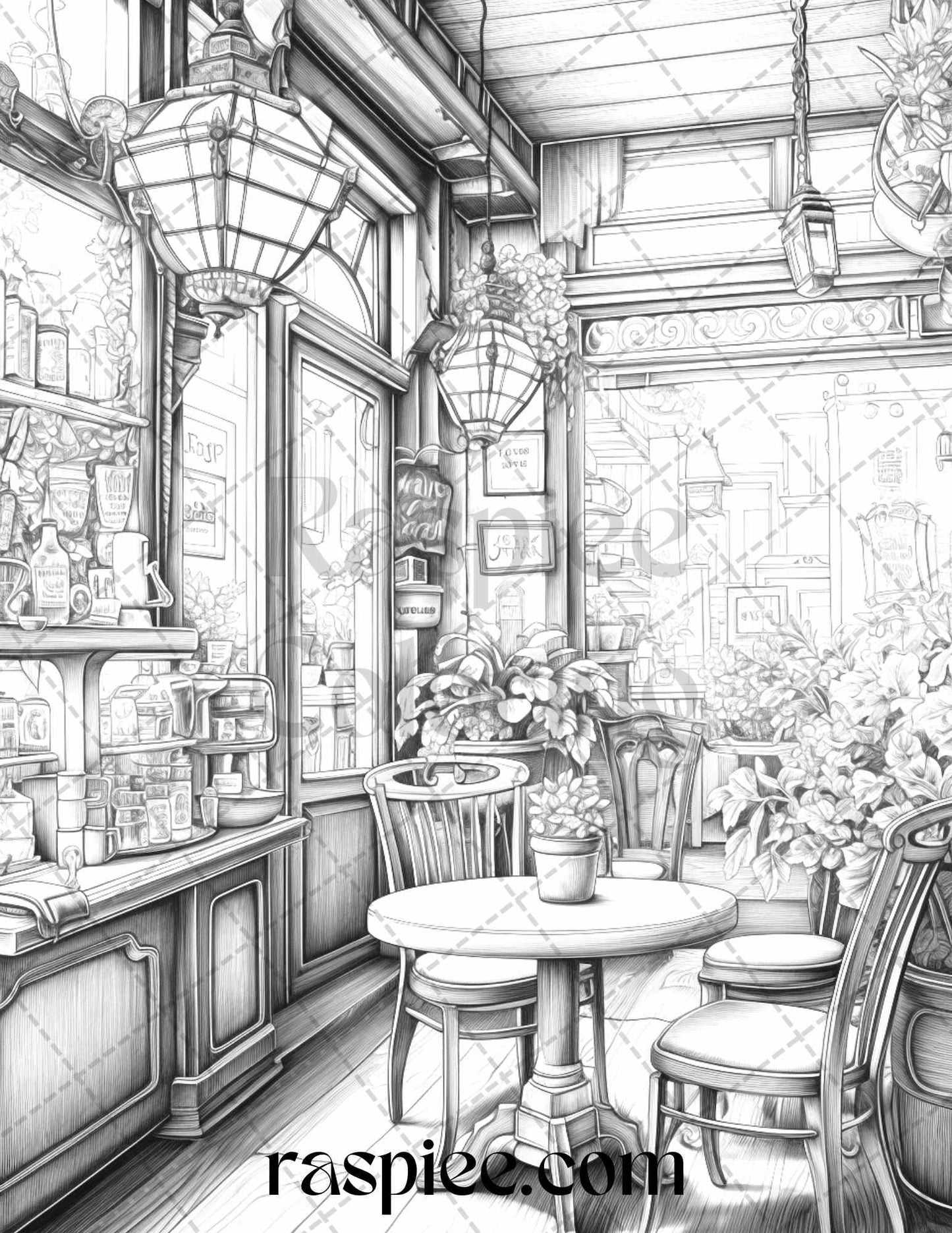 50 Cozy Coffee Shop Grayscale Coloring Pages Printable for Adults, PDF File Instant Download