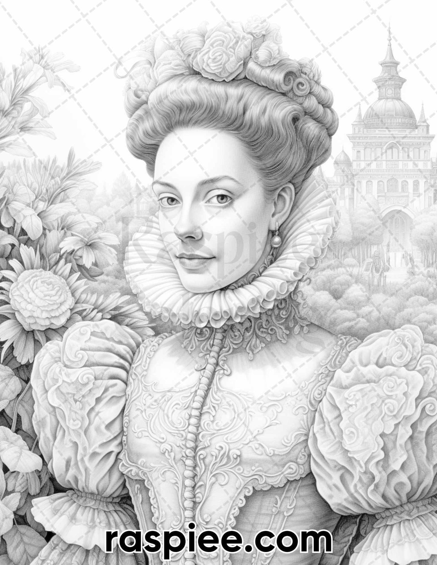 65 Elizabethan Women Portraits Grayscale Adult Coloring Pages, Printable PDF Instant Download