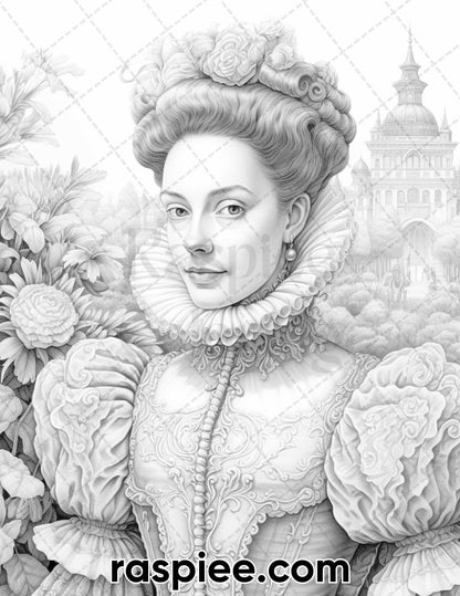 65 Elizabethan Women Portraits Grayscale Adult Coloring Pages, Printable PDF Instant Download