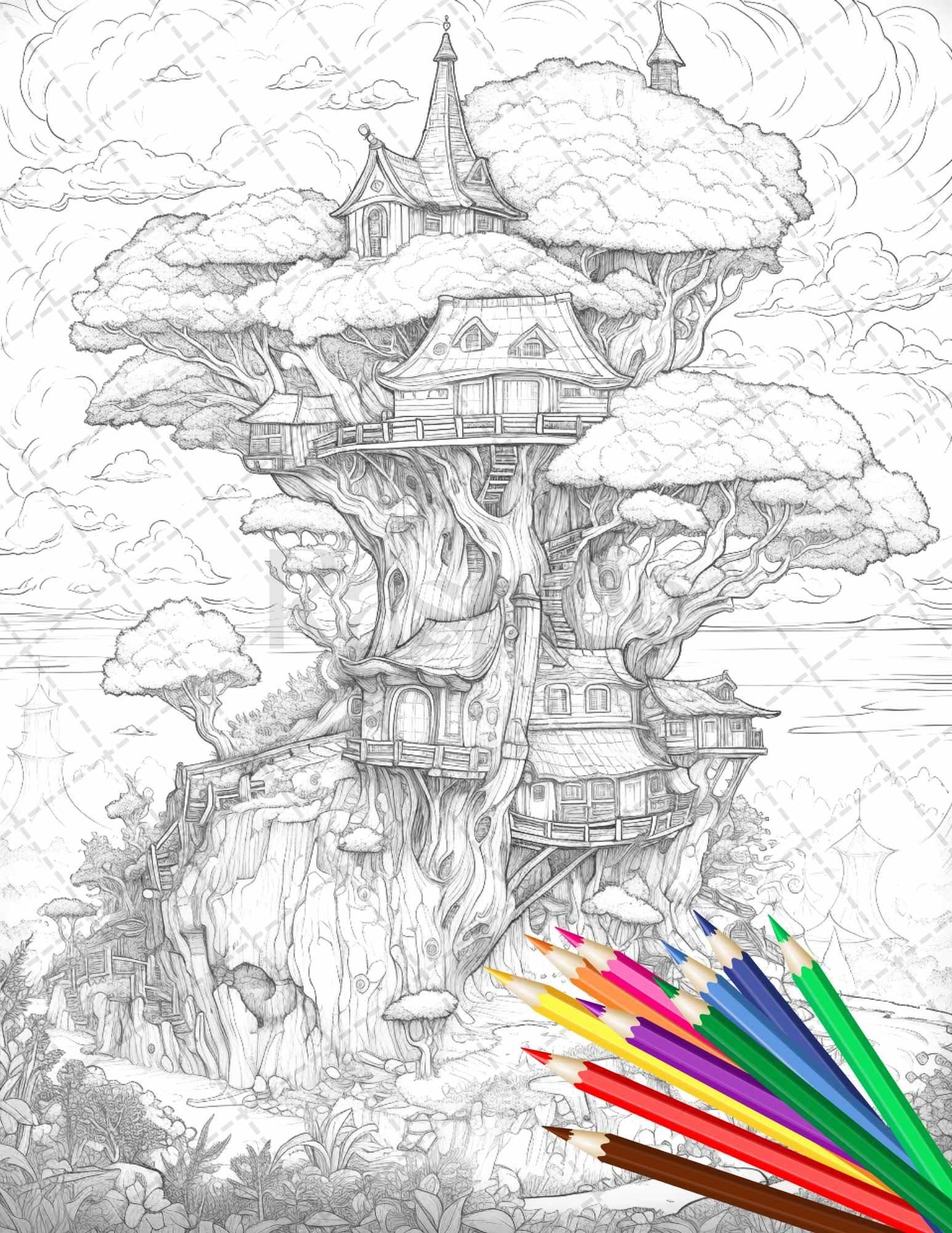 110 Enchanted Treehouse Coloring Book Printable for Adults, Grayscale Coloring Page, PDF File Instant Download