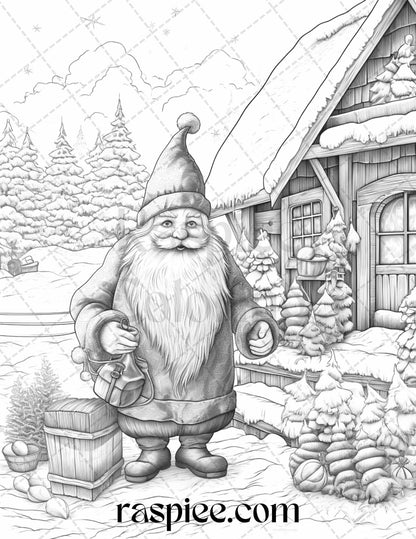 60 Christmas Gnomes Grayscale Coloring Pages Printable for Adults and Kids, PDF File Instant Download