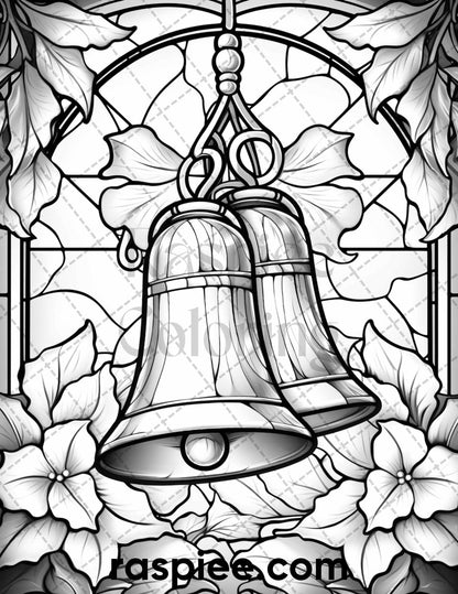 50 Christmas Stained Glass Grayscale Coloring Pages for Adults, Printable PDF File Instant Download