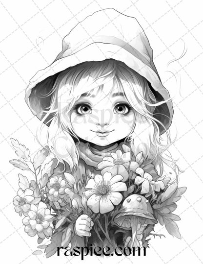 50 Flower Gnomes Grayscale Coloring Pages Printable for Adults Kids, PDF File Instant Download