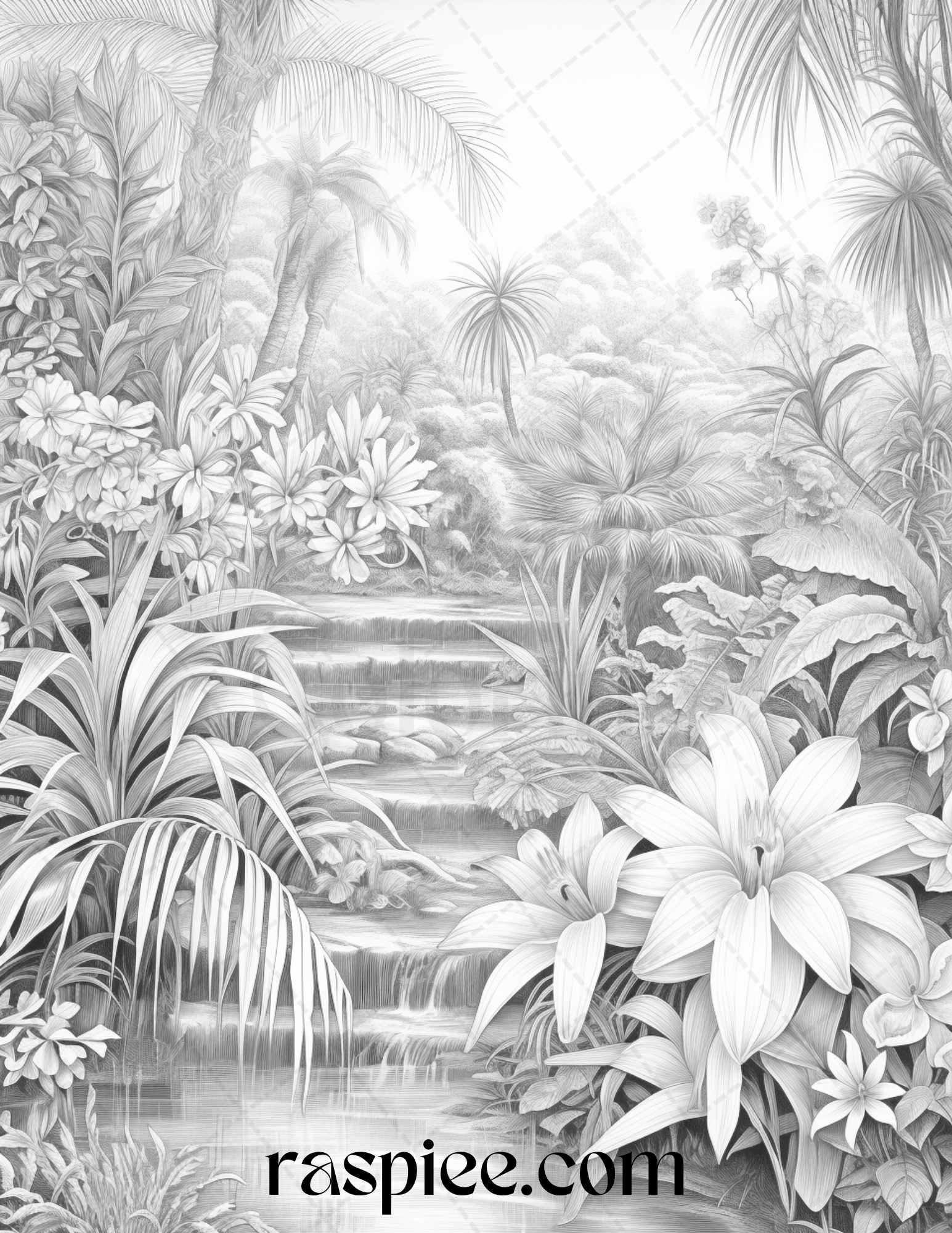 52 Tropical Oasis Grayscale Coloring Pages Printable for Adults, PDF File Instant Download