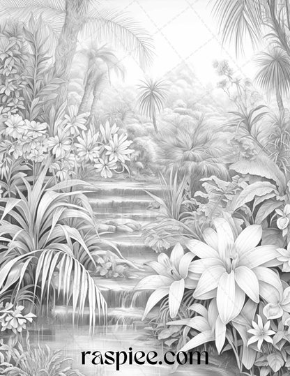 52 Tropical Oasis Grayscale Coloring Pages Printable for Adults, PDF File Instant Download