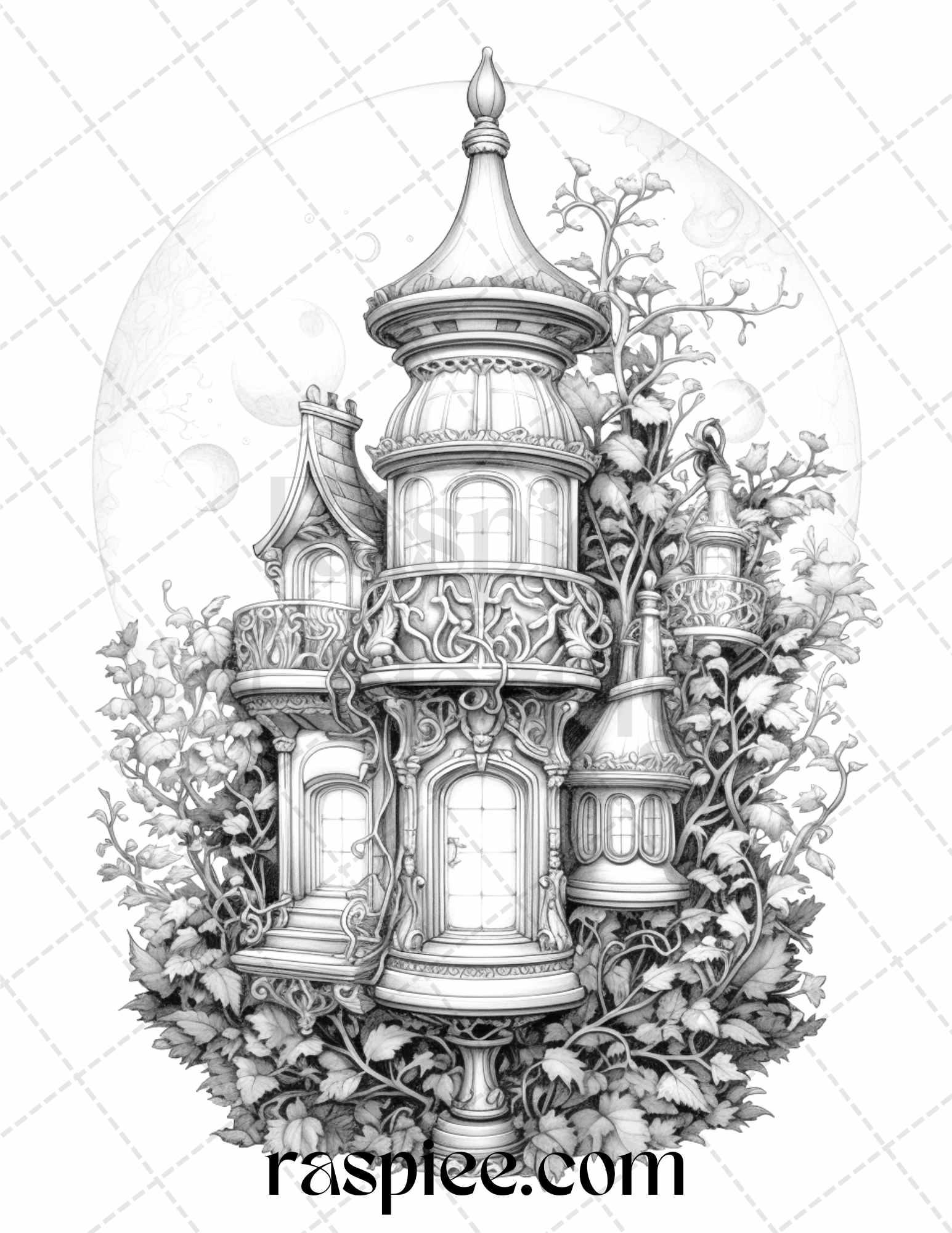 50 Lantern Fairy Houses Grayscale Coloring Pages Printable for Adults, PDF File Instant Download