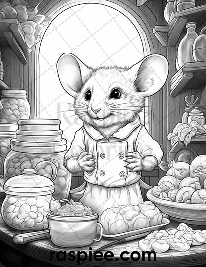 50 Enchanting Fairytale Mice Grayscale Coloring Pages Printable for Adults, PDF File Instant Download