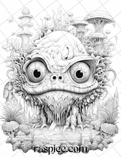 53 Surreal Creatures Grayscale Coloring Pages for Adults, Printable PDF File Instant Download