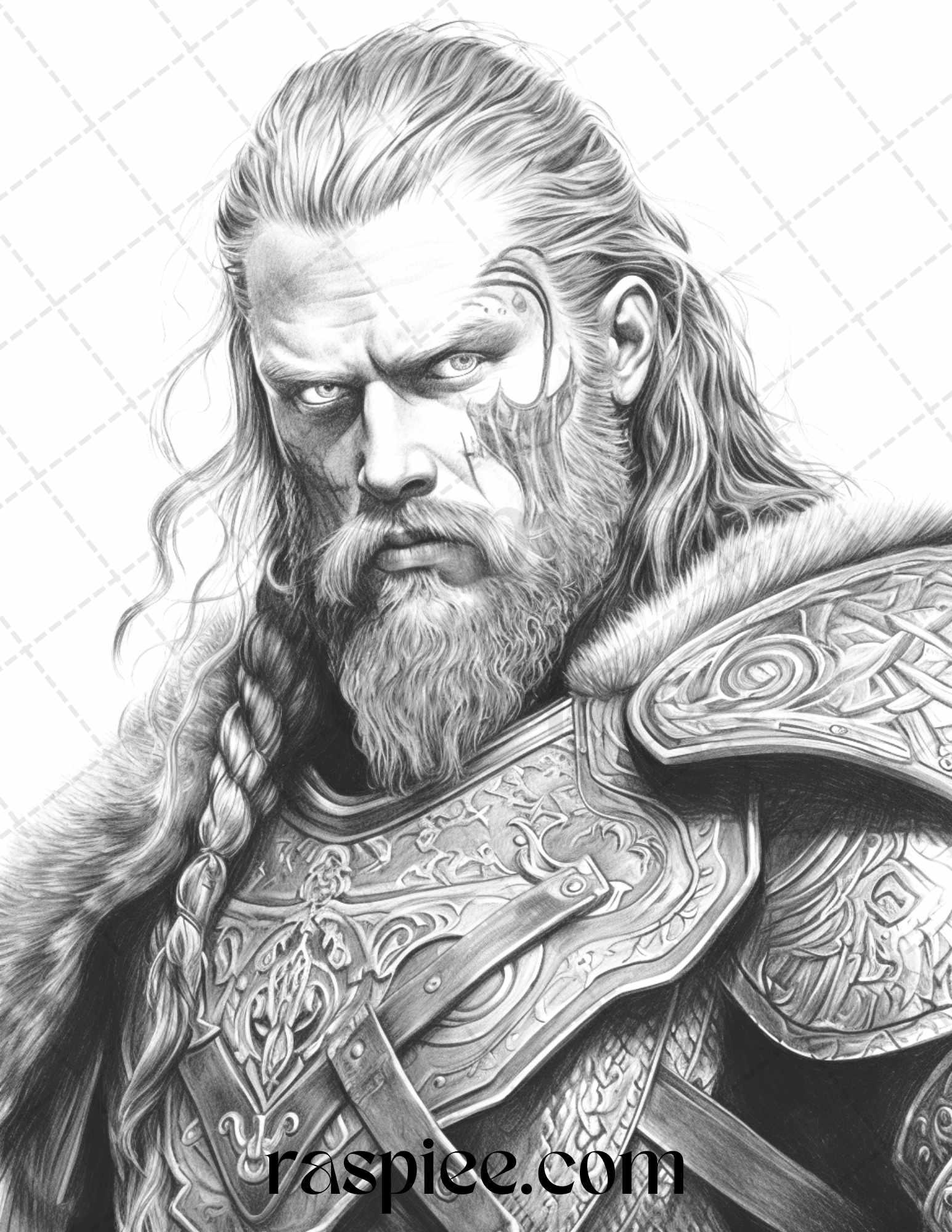 55 Viking Warriors Portrait Grayscale Coloring Pages Printable for Adults, PDF File Instant Download
