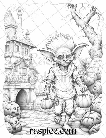 50 Halloween Goblin Grayscale Coloring Pages Printable for Adults, PDF File Instant Download