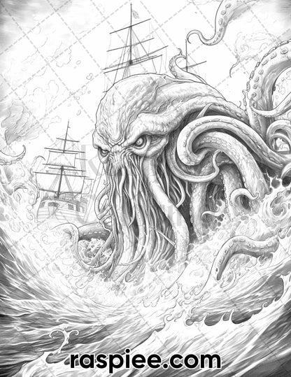 60 Mythical Creatures Grayscale Coloring Pages for Adults, Printable PDF Instant Download