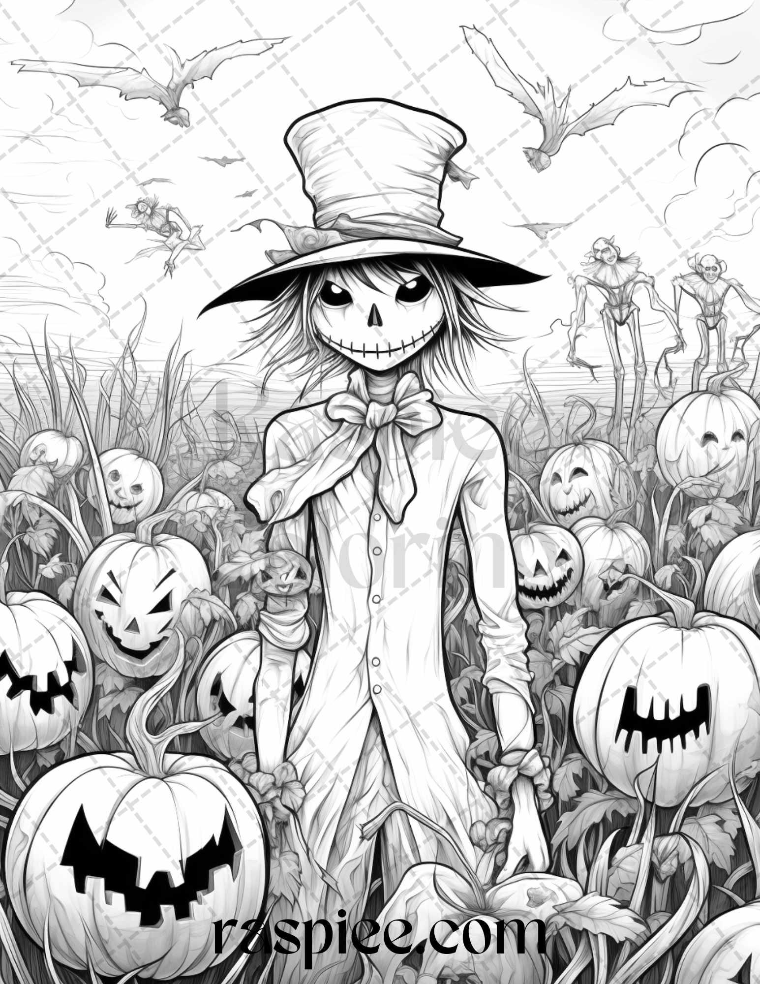 50 Halloween Scarecrows Grayscale Coloring Pages Printable for Adults, PDF File Instant Download