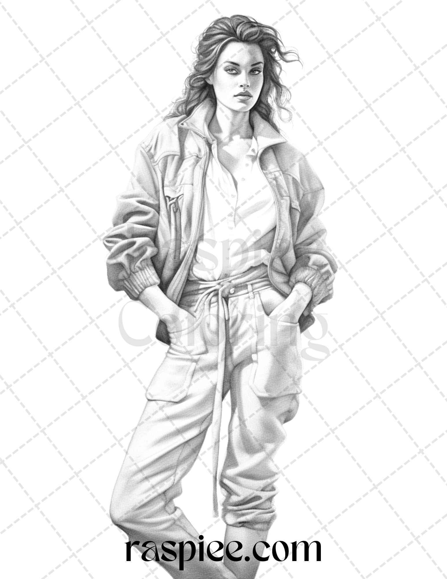 50 Streetwear Fashion Grayscale Coloring Pages Printable for Adults, PDF File Instant Download