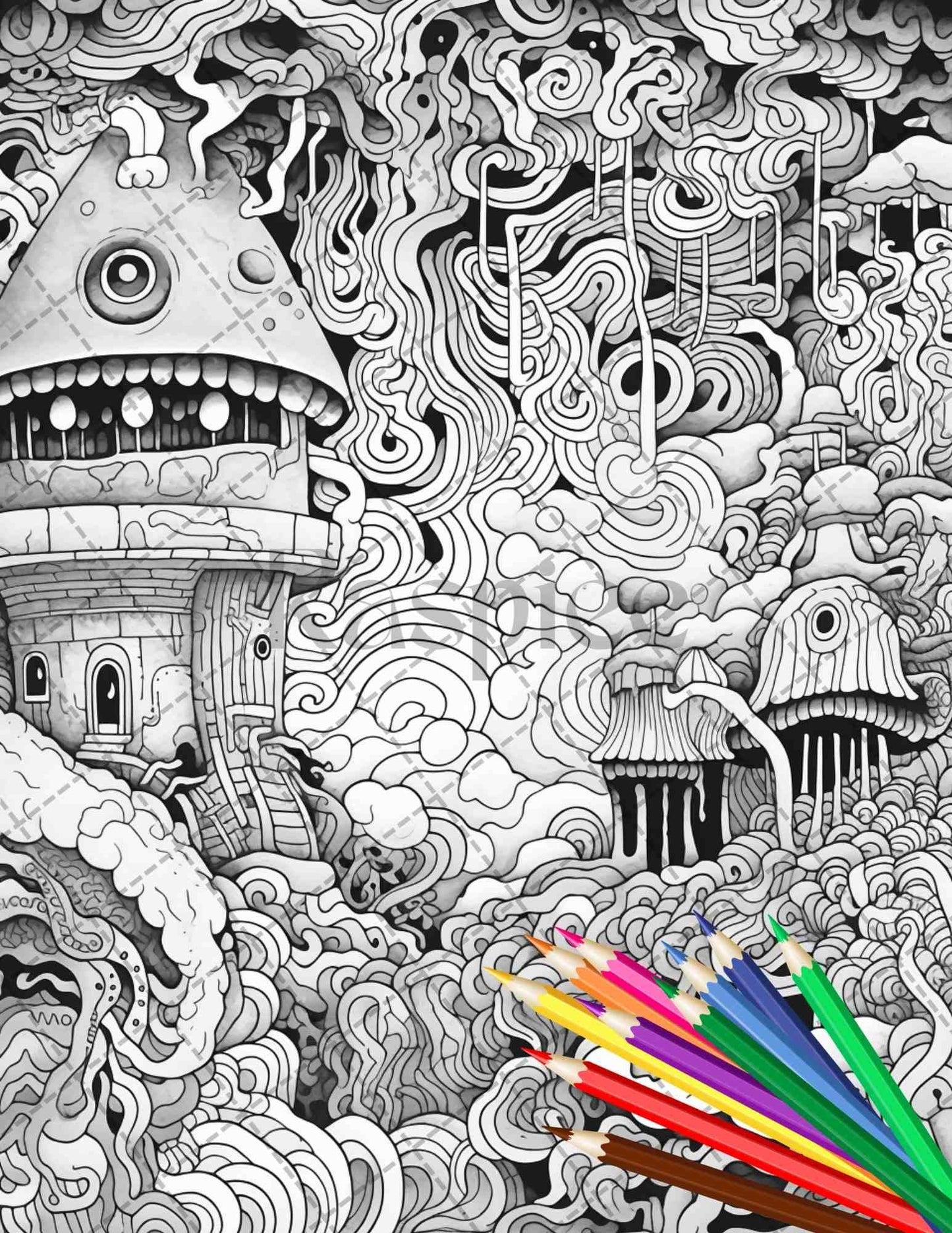 Psychedelic Trippy Coloring Book Printable for Adults, Grayscale Coloring Page, PDF File Instant Download