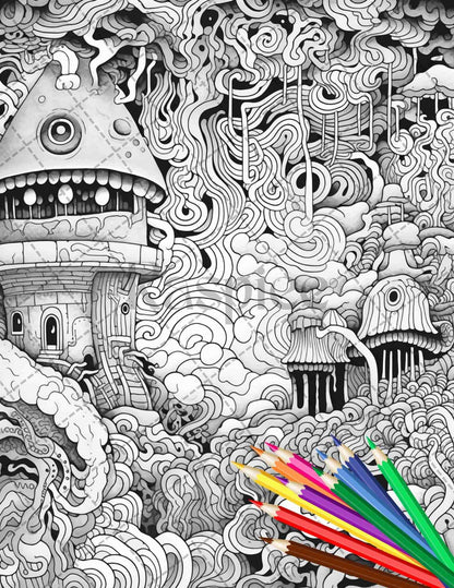 Psychedelic Trippy Coloring Book Printable for Adults, Grayscale Coloring Page, PDF File Instant Download