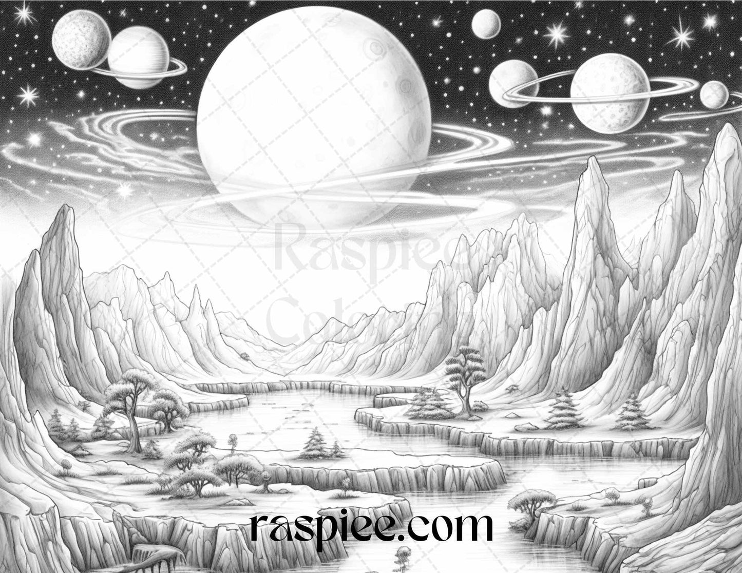 55 Celestial Landscapes Grayscale Coloring Pages Printable for Adults, PDF File Instant Download