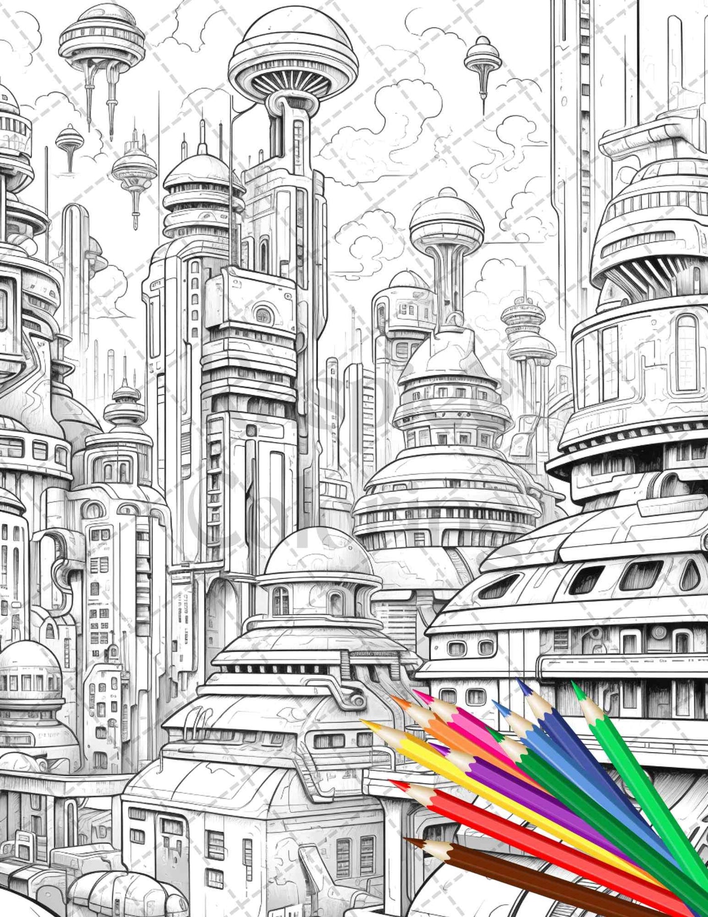 50 Futuristic Metropolis Grayscale Coloring Pages Printable for Adults, PDF File Instant Download