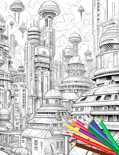 50 Futuristic Metropolis Grayscale Coloring Pages Printable for Adults, PDF File Instant Download