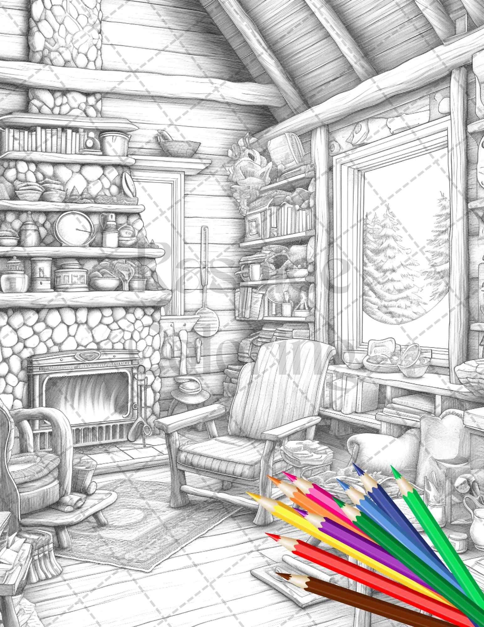 Cozy Cabin Interior Grayscale Coloring Pages Printable for Adults, PDF File Instant Download