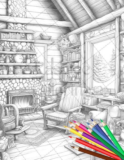 Cozy Cabin Interior Grayscale Coloring Pages Printable for Adults, PDF File Instant Download