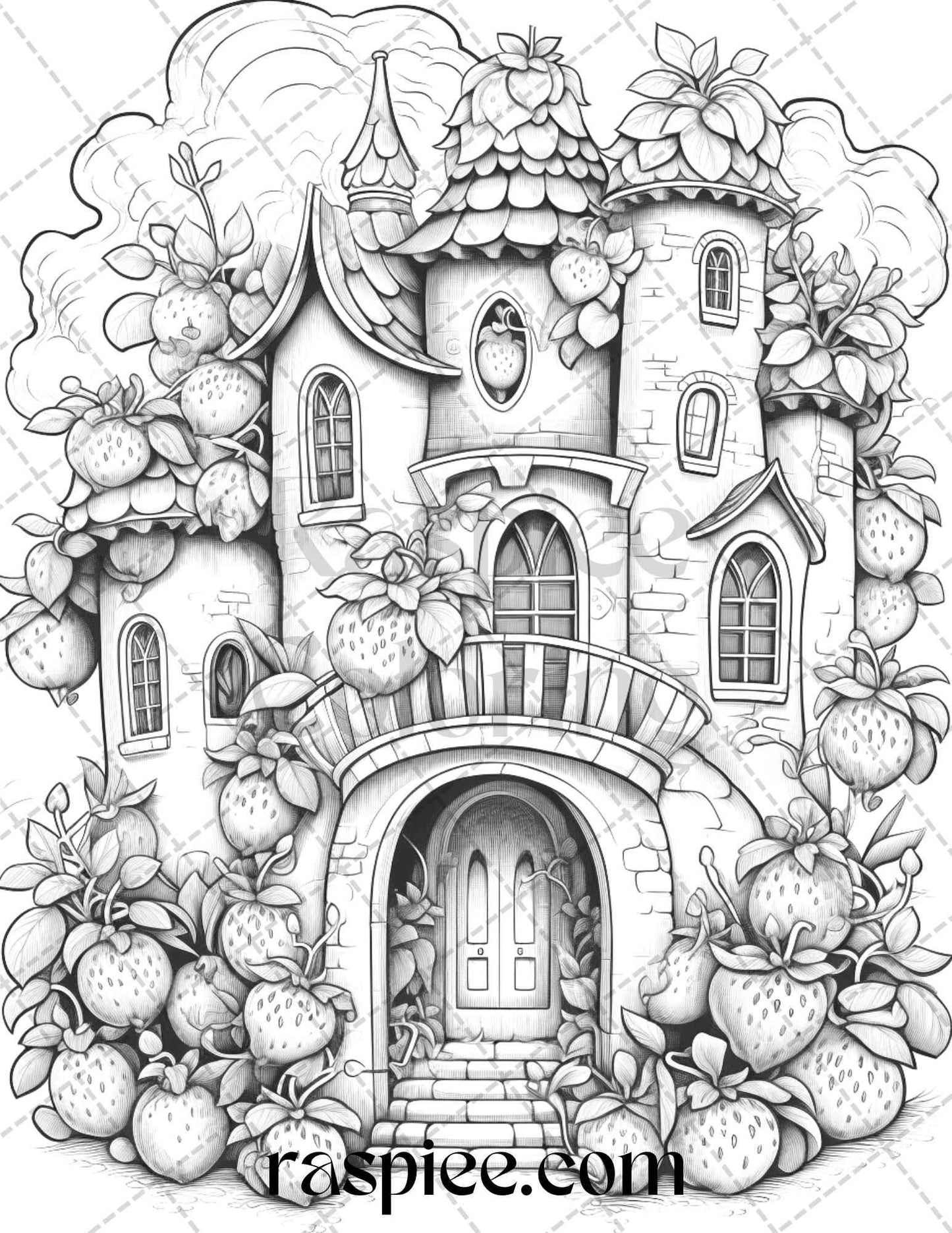 50 Strawberry Houses Grayscale Coloring Pages Printable for Adults Kids, PDF File Instant Download