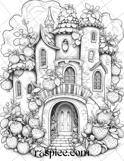 50 Strawberry Houses Grayscale Coloring Pages Printable for Adults Kids, PDF File Instant Download