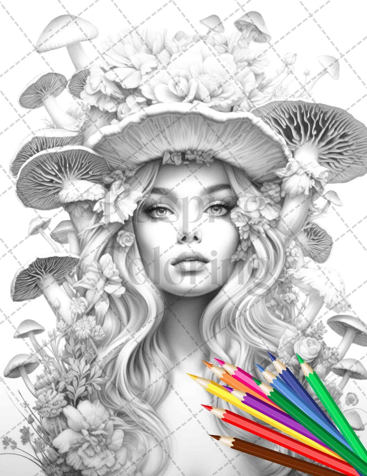 50 Mushroom Fairy Grayscale Coloring Pages Printable for Adults, PDF File Instant Download