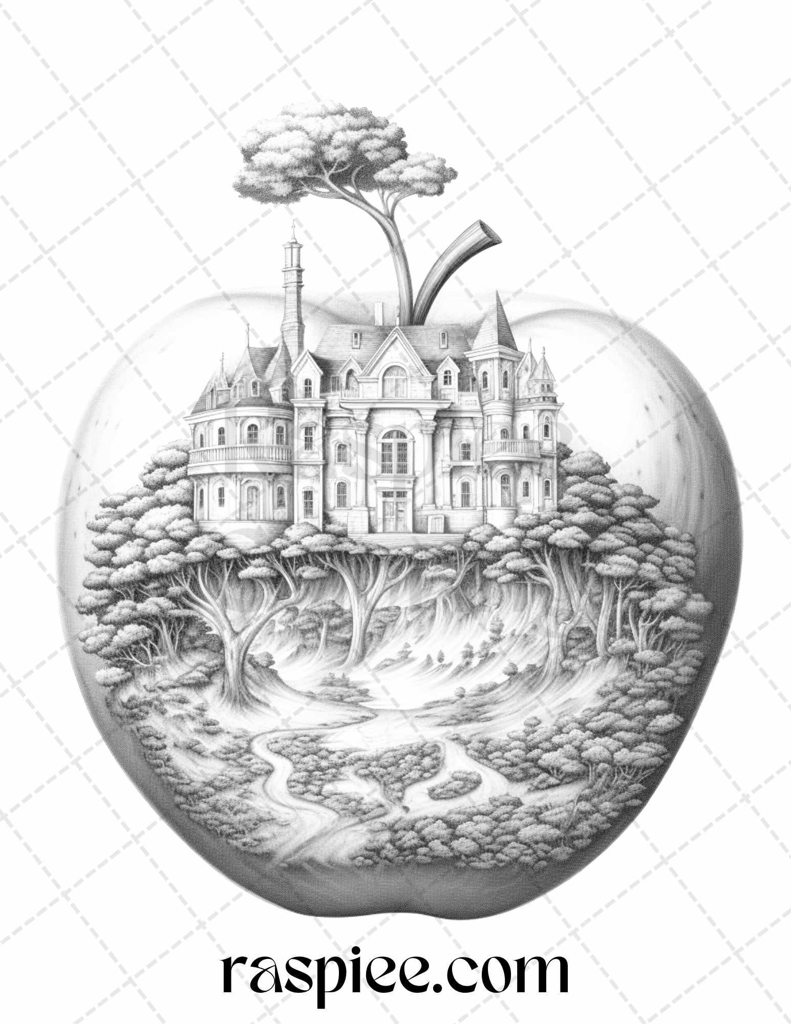 60 Miniworld in the Apple Grayscale Coloring Pages Printable for Adults, PDF File Instant Download