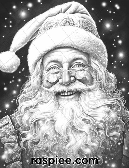 63 Christmas Santa Claus Grayscale Coloring Pages for Adults, Printable PDF Instant Download