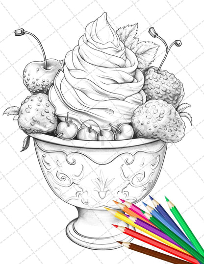 52 Printable Ice Cream Desserts Coloring Pages for Adults and Kids, Grayscale Coloring Page, PDF File Instant Download
