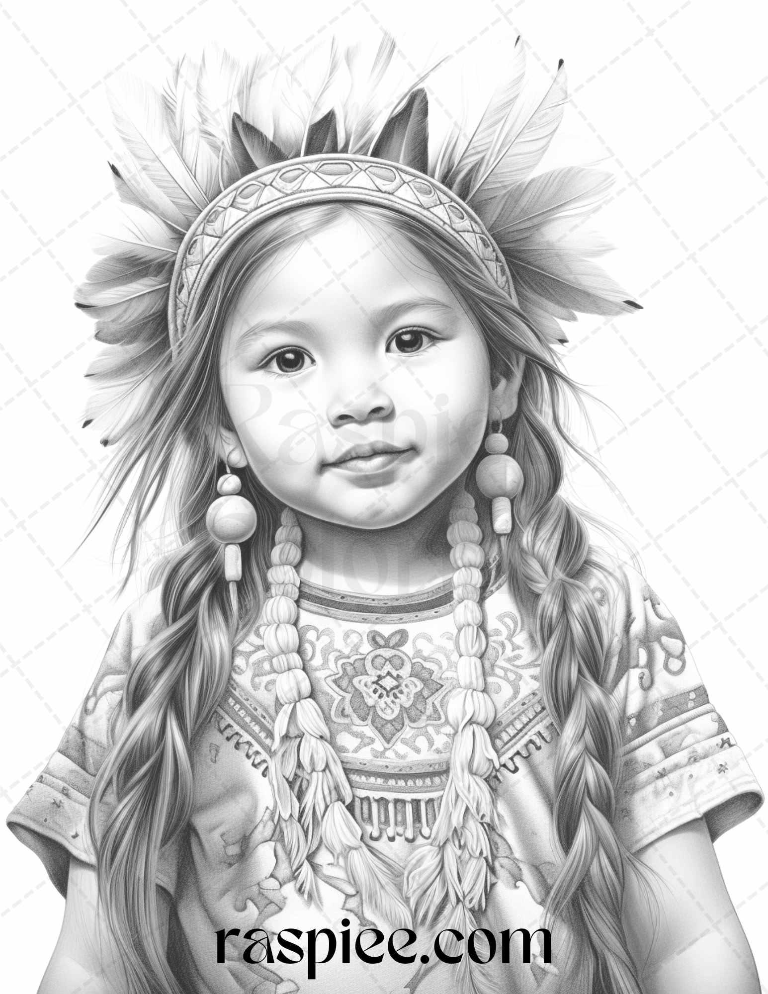 50 Native American Little Girls Boys Grayscale Coloring Pages Printable for Adults Kids, PDF File Instant Download