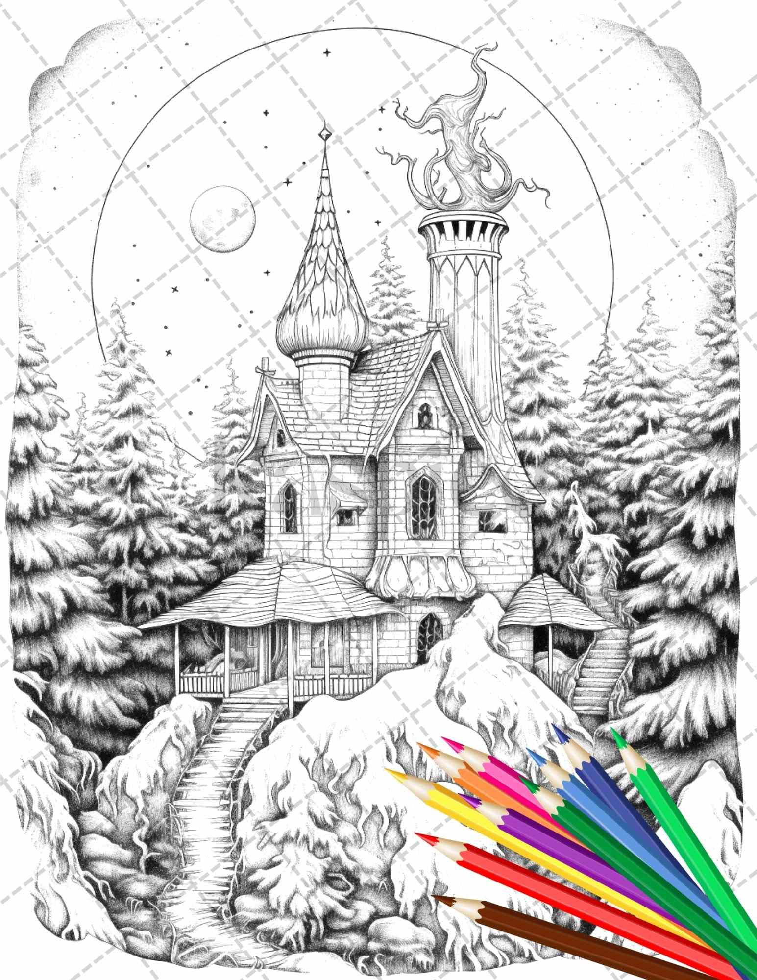 63 Winter Fairy Houses Grayscale Coloring Pages Printable for Adults, PDF File Instant Download