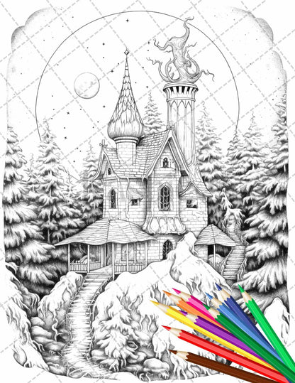 63 Winter Fairy Houses Grayscale Coloring Pages Printable for Adults, PDF File Instant Download