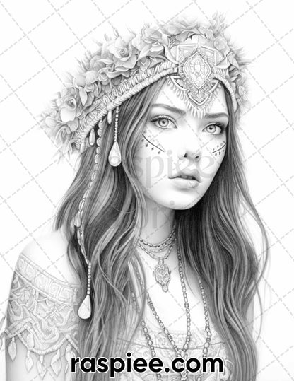 60 Bohemian Beauties Grayscale Coloring Pages for Adults, Printable PDF Instant Download