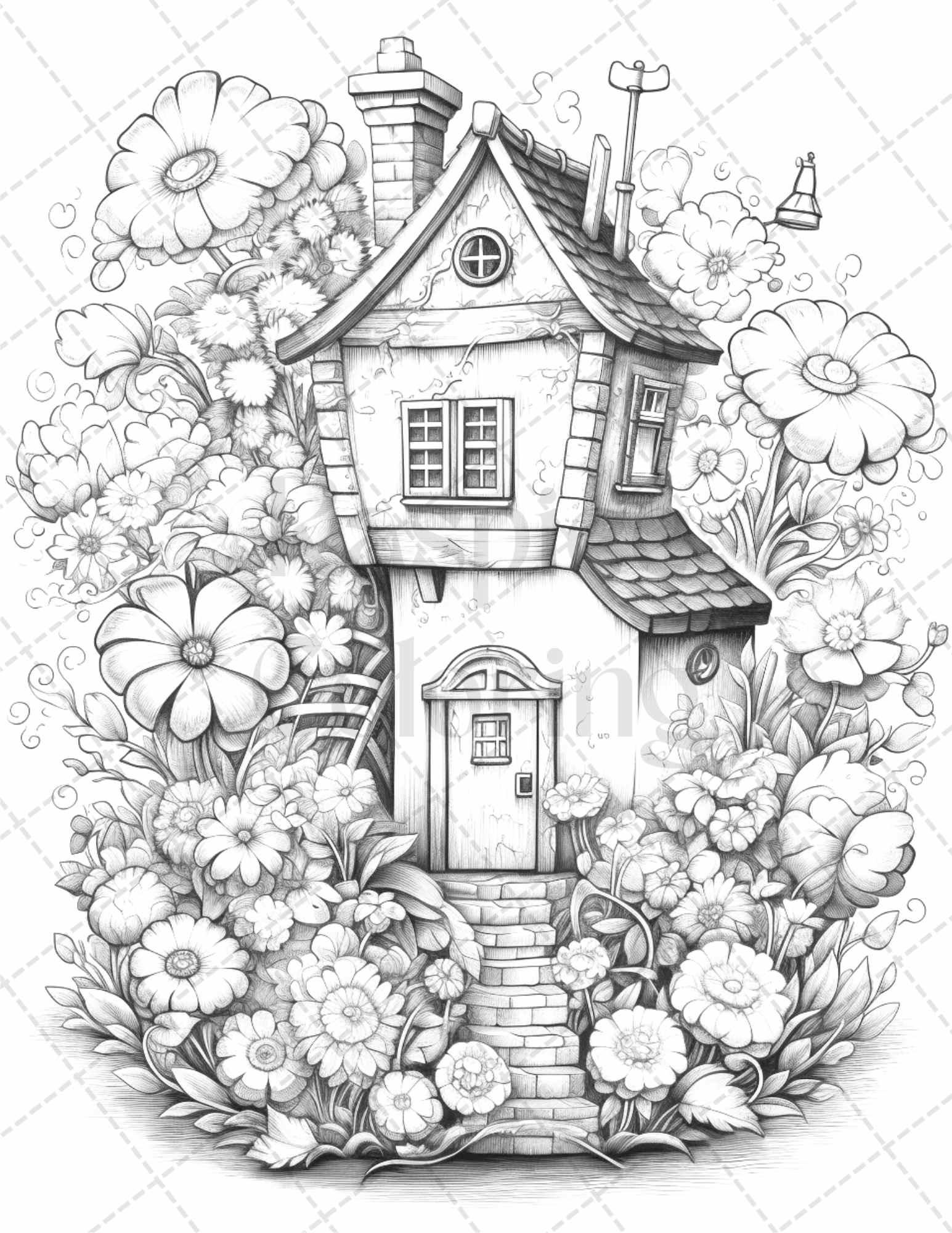 60 Flower Houses Grayscale Coloring Pages Printable for Adults, PDF File Instant Download