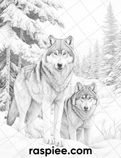 50 Winter Wolf Grayscale Coloring Pages for Adults, Printable PDF Instant Download