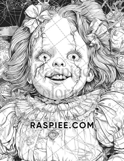 Haunted Dolls Halloween Horror Adult Coloring Pages Printable PDF Instant Download