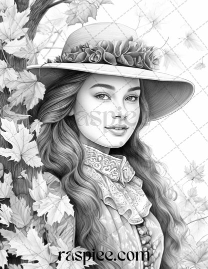 60 Victorian Autumn Portrait Grayscale Coloring Pages Printable for Adults, PDF File Instant Download