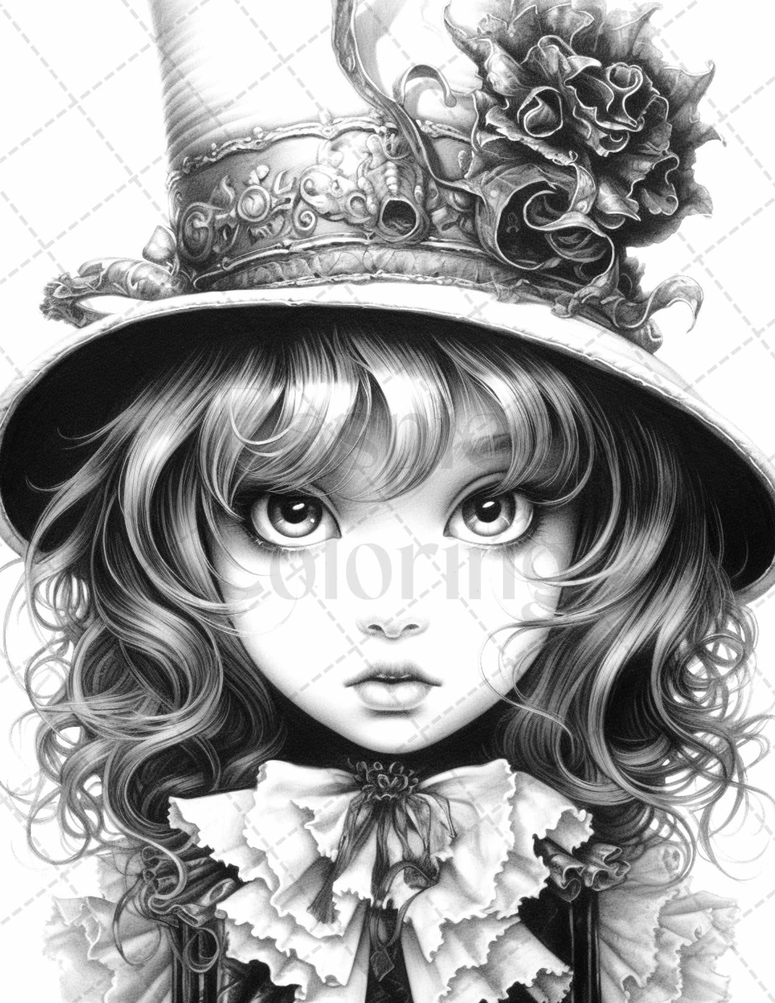 60 Adorable Gothic Girls Grayscale Coloring Pages Printable for Adults, PDF File Instant Download