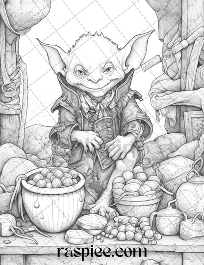 Fantasy Goblins Grayscale Coloring Pages Printable for Adults, PDF File Instant Download