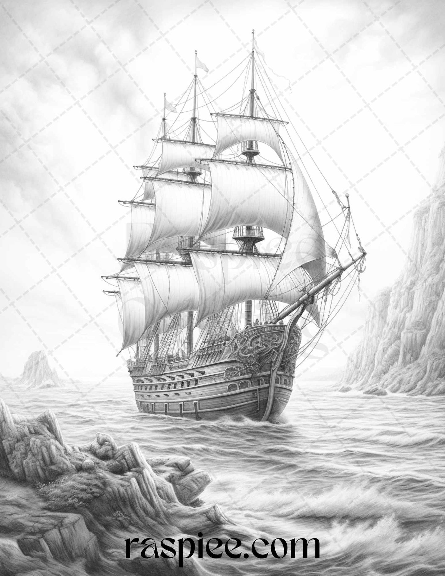 60 Pirate Life Grayscale Coloring Pages Printable for Adults, Stress Relief Coloring, PDF File Instant Download